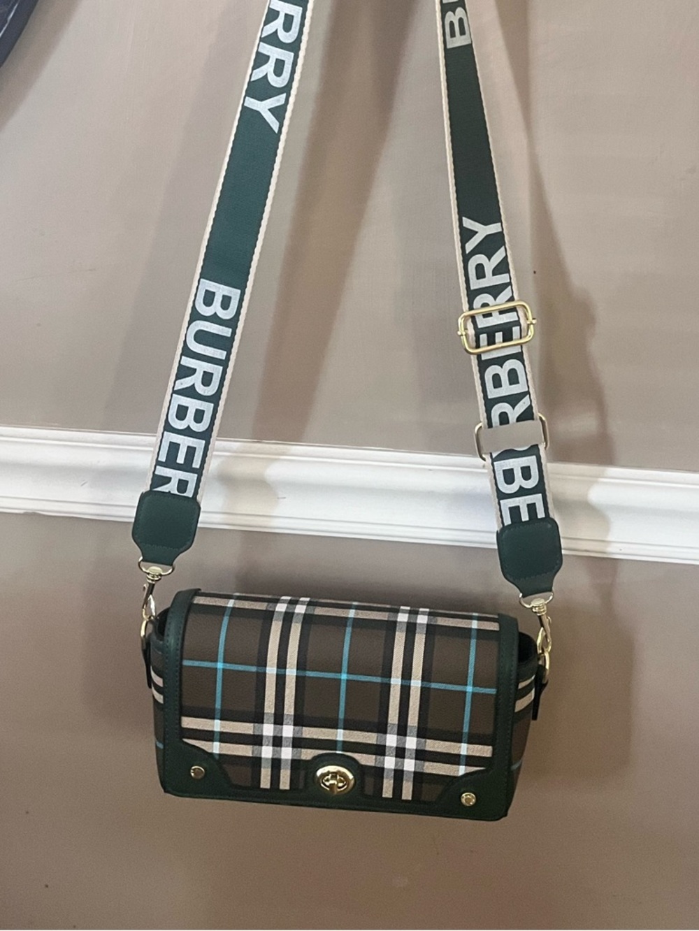 Burberry style  Green and Brown Plaid Crossbody with Logo Strap